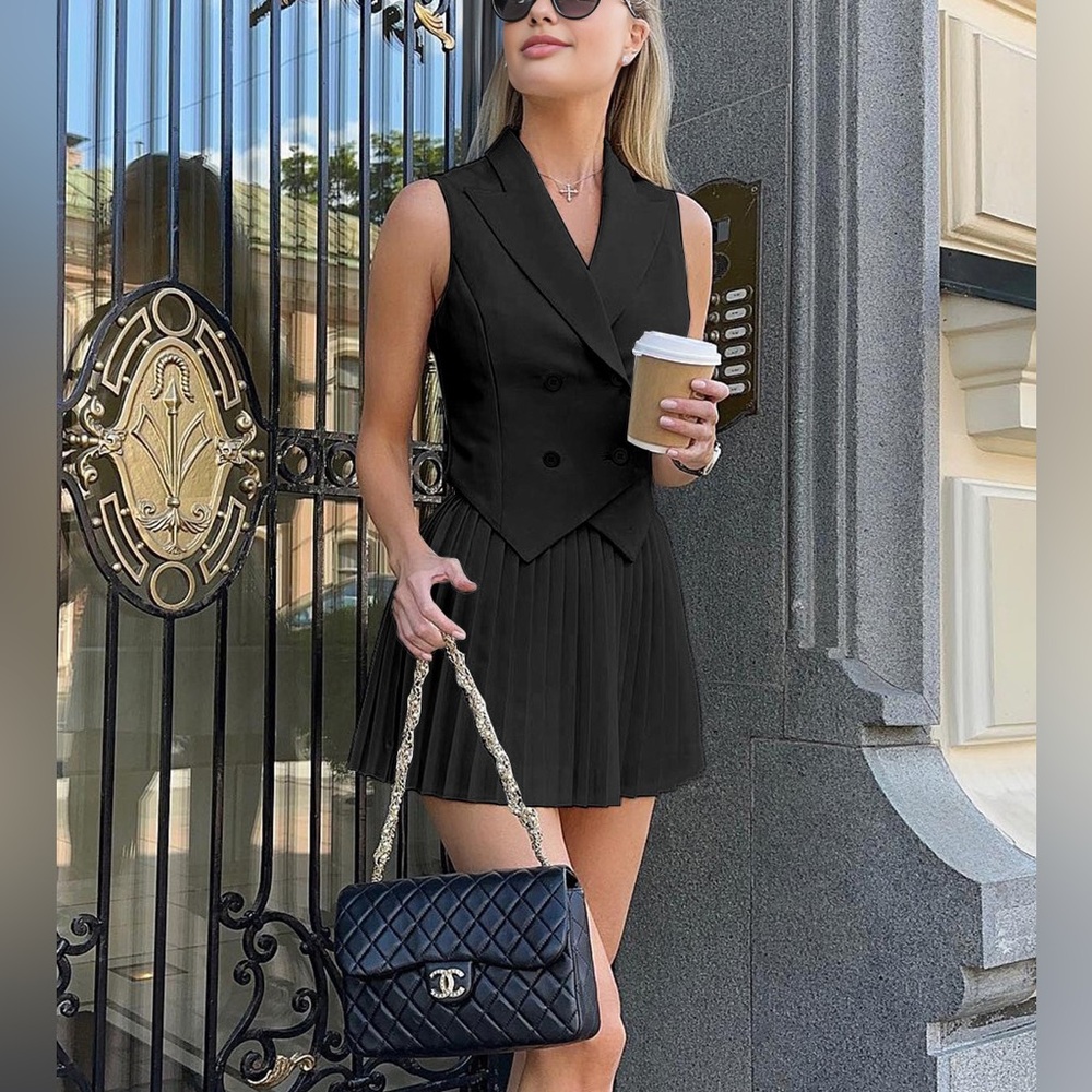 Commense Black Double-Breasted Skirt Set